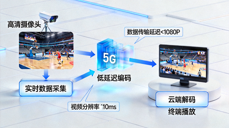 篮球赛事零延迟直播技术示意图，展示实时数据传输和高清视频流